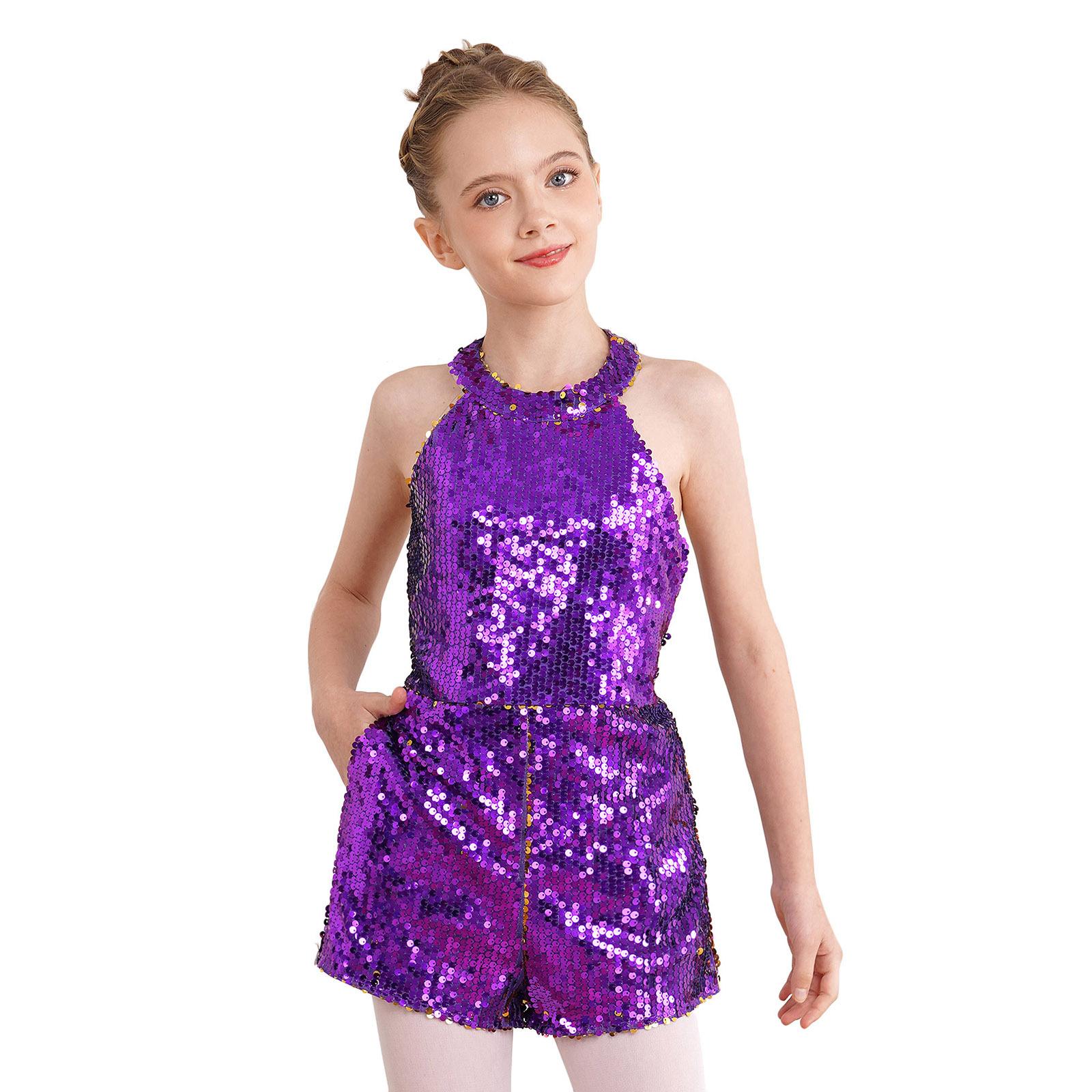 Body da ginnastica unitard intero senza maniche corto da danza jazz balletto per ragazze tutina da ballo con paillettes su tutta la superficie tutina da gioco per concorso festa 11-12 Years