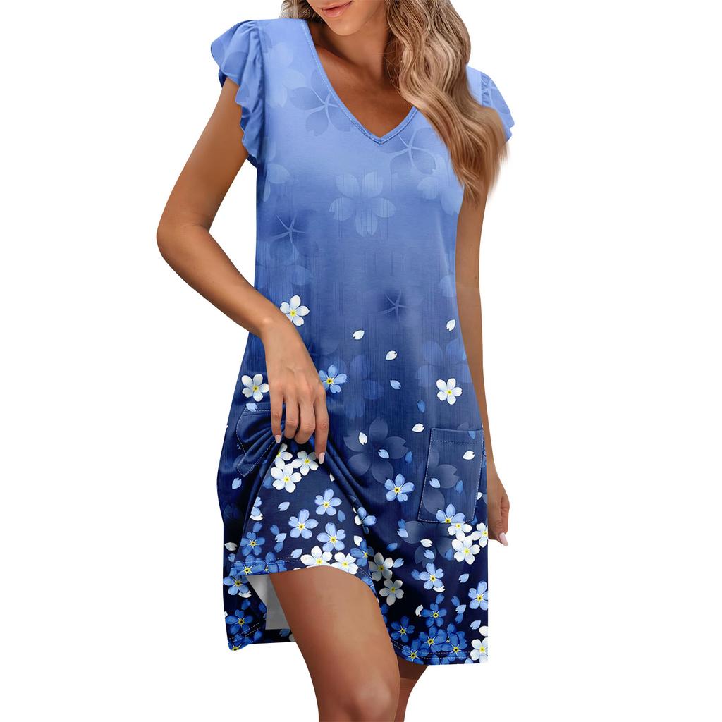 Womens Summer Dress Ruffle Sleeve V Neck Short Dresses Fashion Casual Flowy A Line Swing Sundress With Pocket