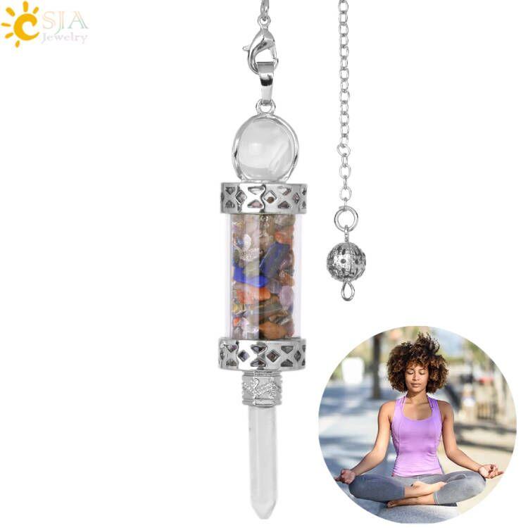 CSJA Crystal Pendulums for Divination Dowsing Wishing Bottle Natural Stone Pendant Hexagonal Clear Quartz Pendulum Balanced H025