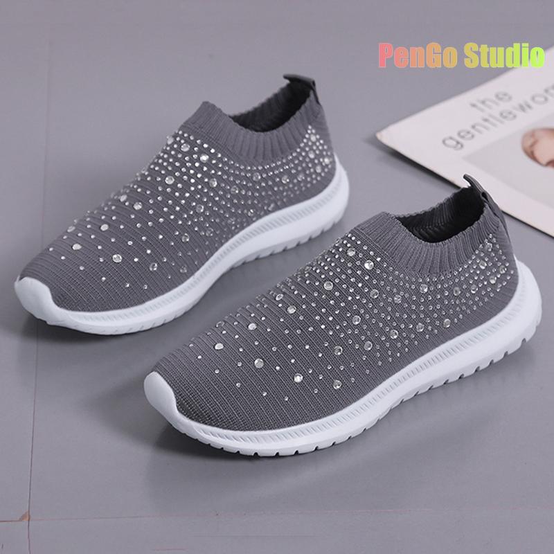 9 Colors Rimocy Shining Crystal Flats Women Spring Breathable Knit Platform Sneakers Woman Comfortable Soft Bottom Non -Slip Sports Shoes