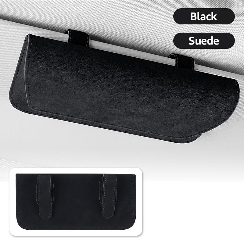 Car Glasses Case Sunglasses Holder Car Eyeglass Case Suede Sun Glasses Clip Storage Car Leather Visor Organizer Sunglasses 1PCS Black