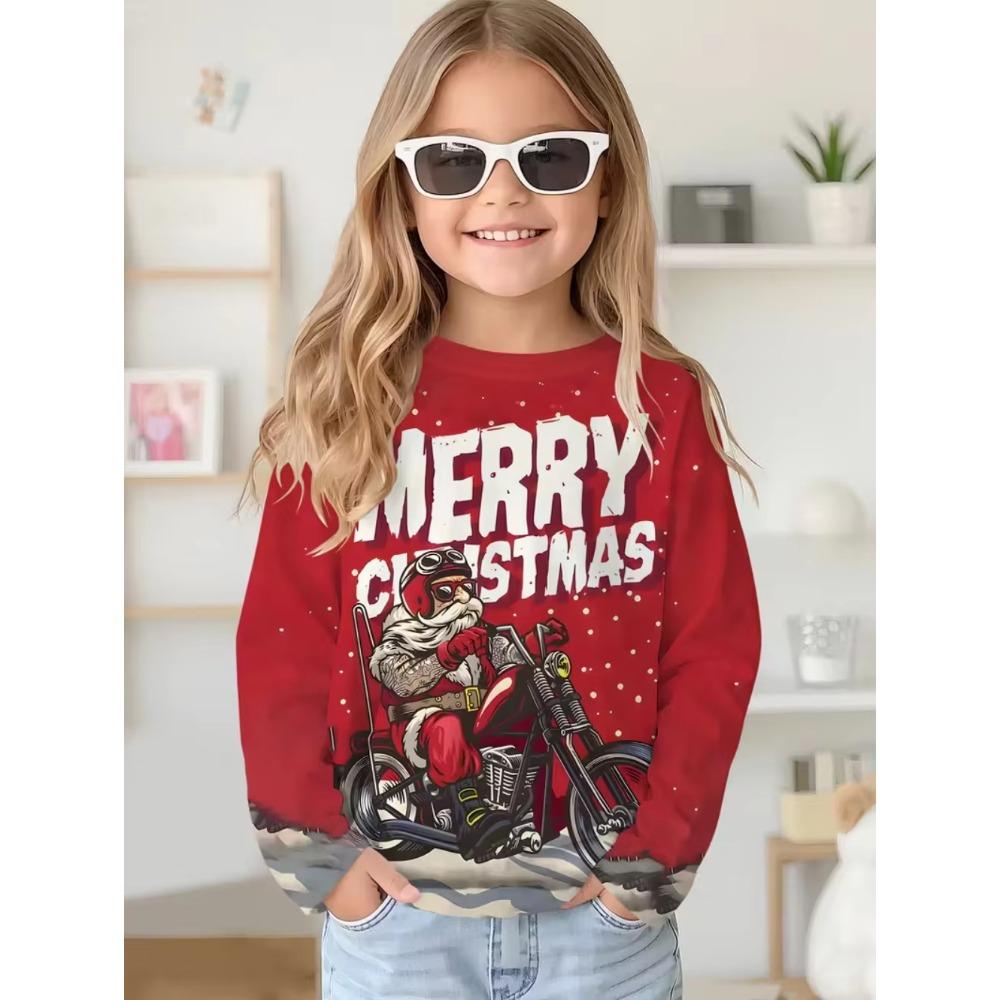 Christmas Santa Claus Print Girl Clothes Autumn Children Top Round Neck Long Sleeve Fashionable Comfortable Breathable Versatile Sports T-shirt