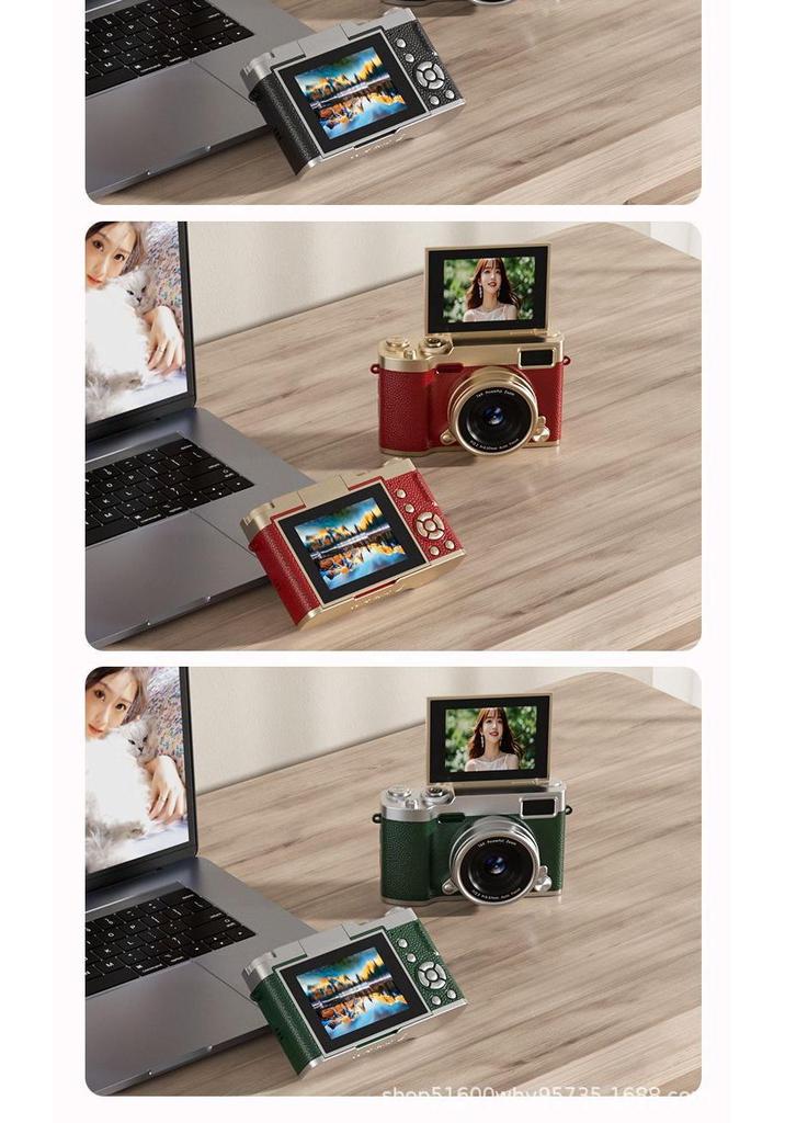 Retro Mirrorless Digital Camera with Folding Selfie Screen, 16x Zoom, and Portable Recording.