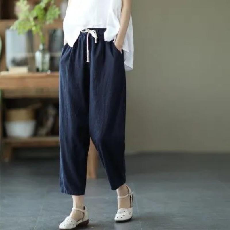 Women Linen Blend Casual Pants Elastic Waist Drawstring Loose Fit Cropped Trousers L темно-синий