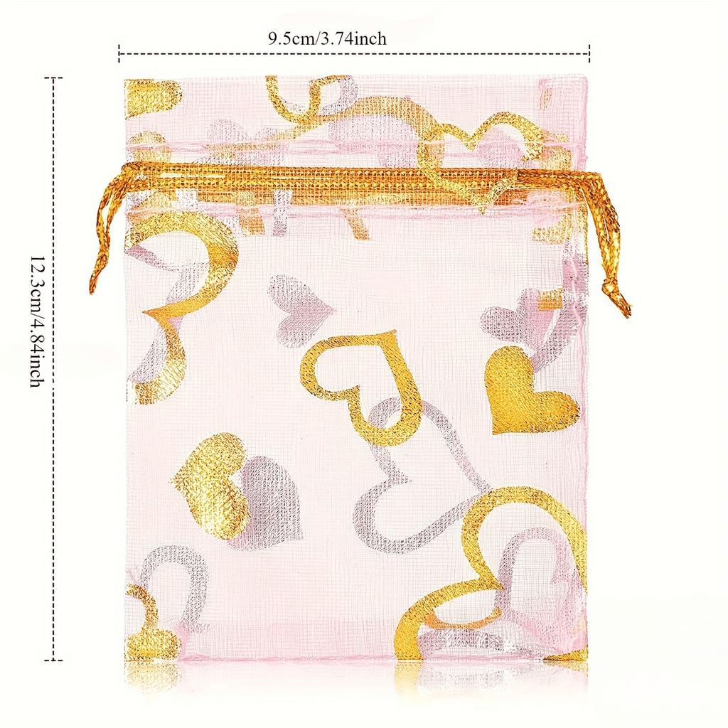 Heart-Print Organza Drawstring Bags Perfect for Anniversary Birthday Weddings Gifts Durable Jewelry Candy Pouches Party Supplies