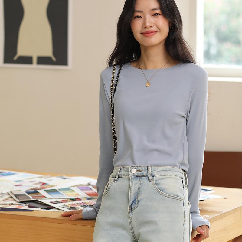 

Осенне-зимняя базовая футболка для женщин с круглым вырезом и длинными рукавами, облегающая, с полувысоким воротником, повседневный вязаный топ One Size