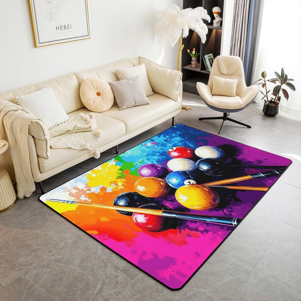 Billiard Balls Large Area Rug 5x7 Billiard Cue Living Room Rug | Pool Balls for Pool Table Rugs for Bedroom, Billiards Pool Cue Carpet Indoo