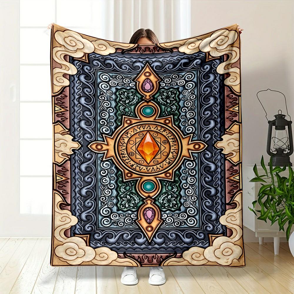 Mystical Gemstone and Ornate Pattern Design Flannel Blanket for Bedroom, Living Room, Sofa, and Nap Sofas.