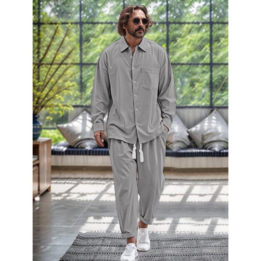 Men's Casual Collar Long Sleeved Shirt Long Pants Cotton Linen Set