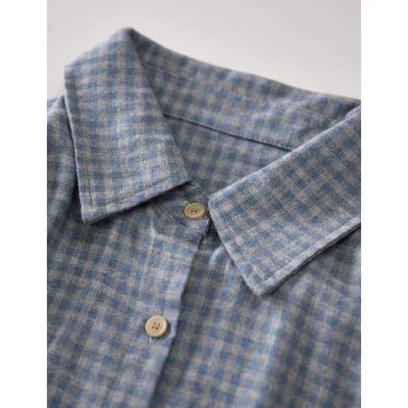 Damen Blau Kariert Retro Hemdjacke - Verdickt, Lockere Passform für Herbst/Winter