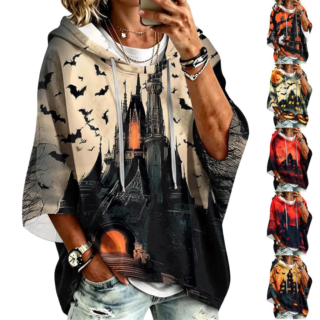 Women's Fashionable Three-Quarter-Sleeve Halloween-Printed Hooded Pullover