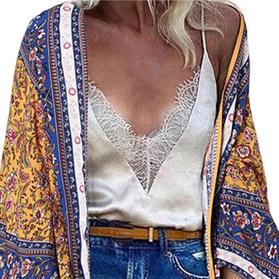 Women Cardigan Floral Print Batwing Sleeve Summer Bohemian Sun Protection Long Blouse for Daily Wear