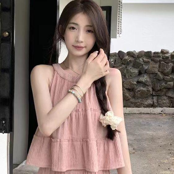 

Women s Summer Korean Style Set: Round Neck Sleeveless Top & High Waist Wide Leg Pants in Lambswool M [100-115 lbs]