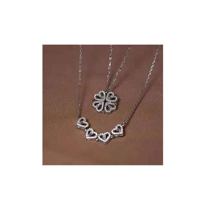 Collier pendentif - Argenté - Trèfle à quatre feuilles - Acier au titane - Cristal - Femme