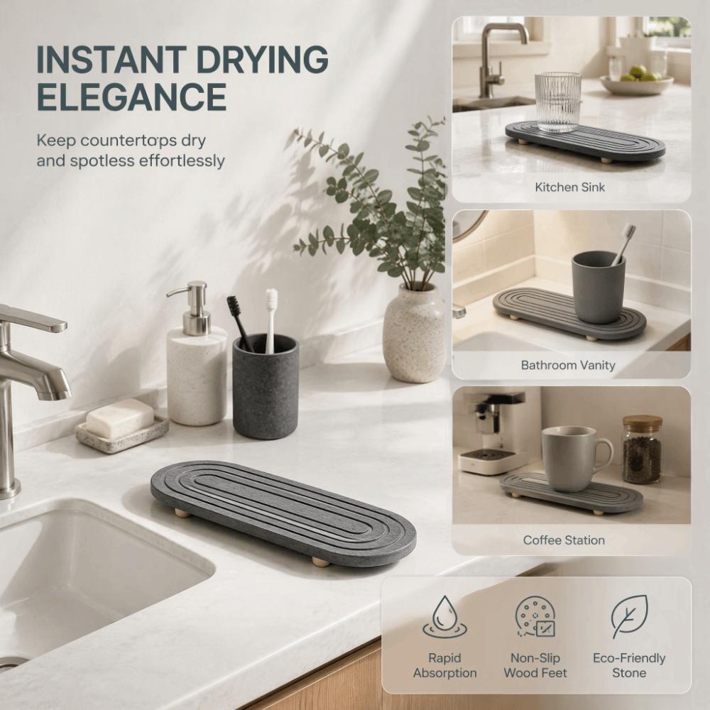 Dark Grey Diatomite Coaster Wooden Feet Absorbent Diatomite Sink Tray  Countertop Organizer