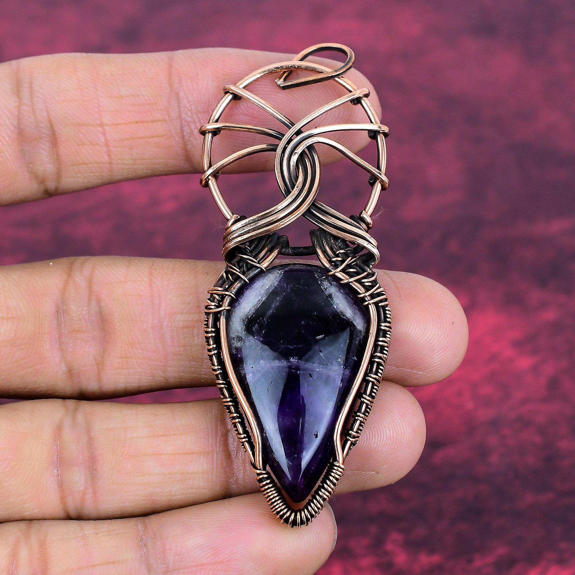Chevron Amethyst Gemstone Pendant Handmade Pendant Copper Wire Wrapped Jewelry
