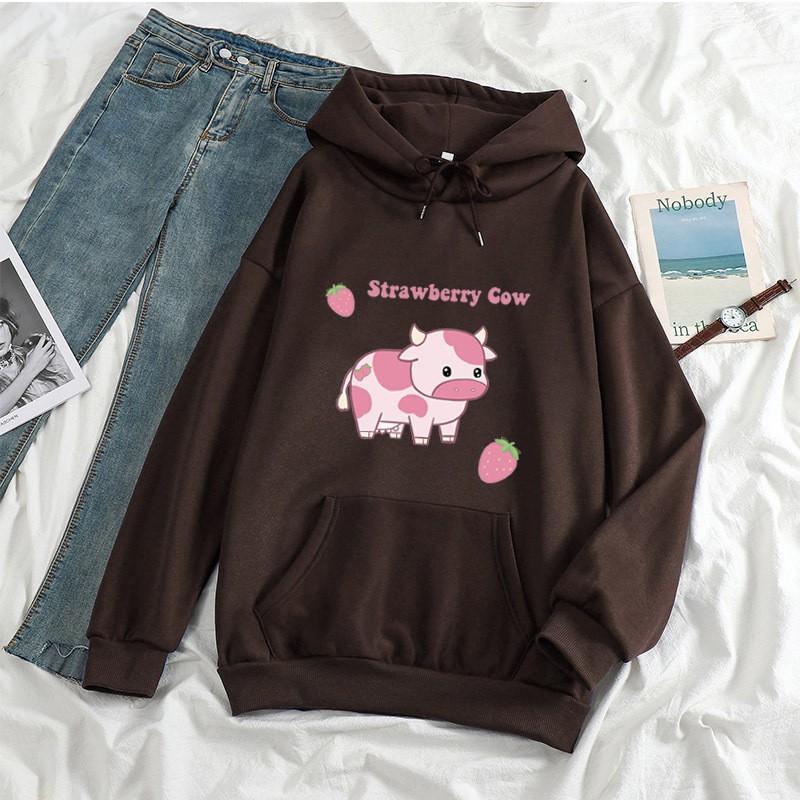 Womens Strawberry Milk Print Hoodie Long Sleeve Cute Harajuku Style Loose Fit Sweatshirt