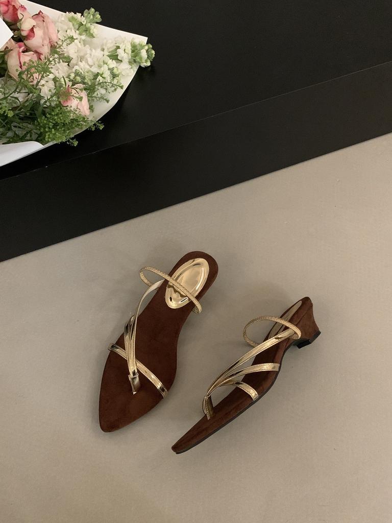 French pointed thick heel strap sandals fairy shoes 2025 new summer with skirt toe silver Roman shoes