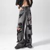 Moda retro americana vaqueros casuales rectos de pierna ancha rasgados lavados viejos negros rasgados pantalones vaqueros casuales hombre