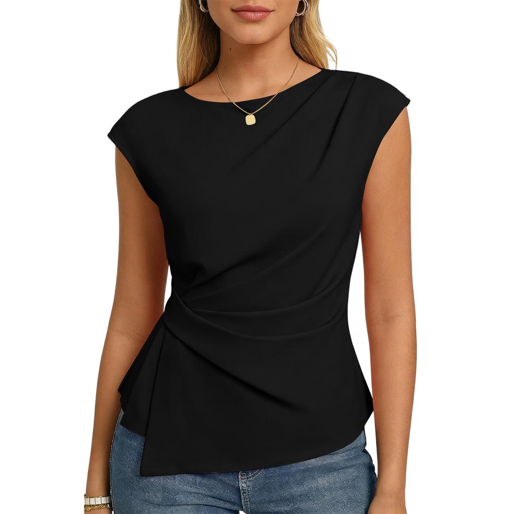 Lässiges Damen-Top, einfarbig, plissiert, Rundhalsausschnitt, Kurzarm