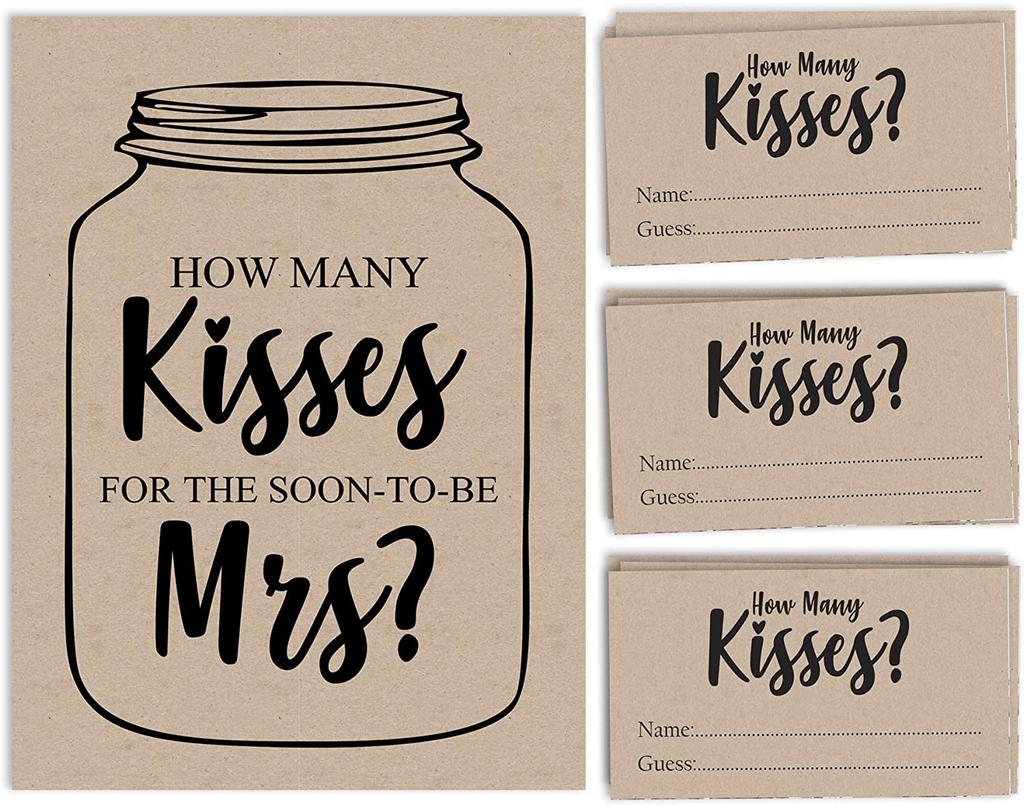 Inkdotpot How Many Kisses for The Soon to Be Mrs Beige Rustic Kraft Mason Jar Bridal Shower Game 1 Sign + 30 Cards