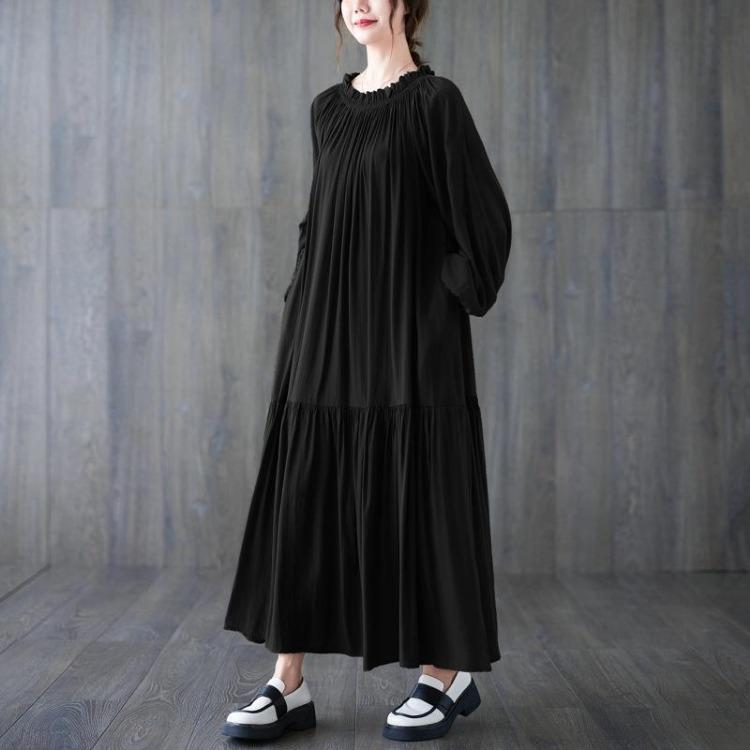 Loose Lace-up Women Dress with Ruffles Collar and Pockets Casual Spring Solid Color Pleated Female Dresses