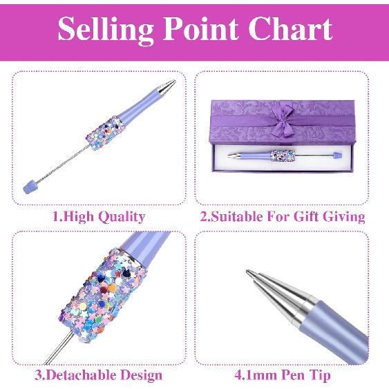 12 Pcs Glitter Beadable Ballpoint Pens, Colorful DIY Retractable Sequin Bead Pen Kit with Pentagram, Fancy Beadable Ballpoint Stationery for Creative