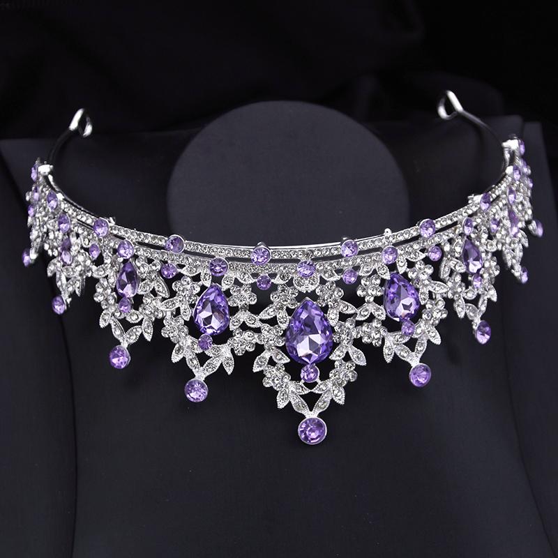 Gorgeous Princess Purple Crystal Bridal Jewelry Sets for Women Tiaras Crown Bride Earrings Wedding Necklace Jewelry Set