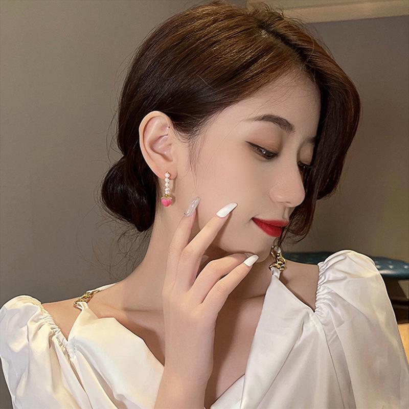 S925 Silver Needle Pink Flower Dangle Earrings with Imitation Pearls - Elegant & Sweet 2023 Design for Women