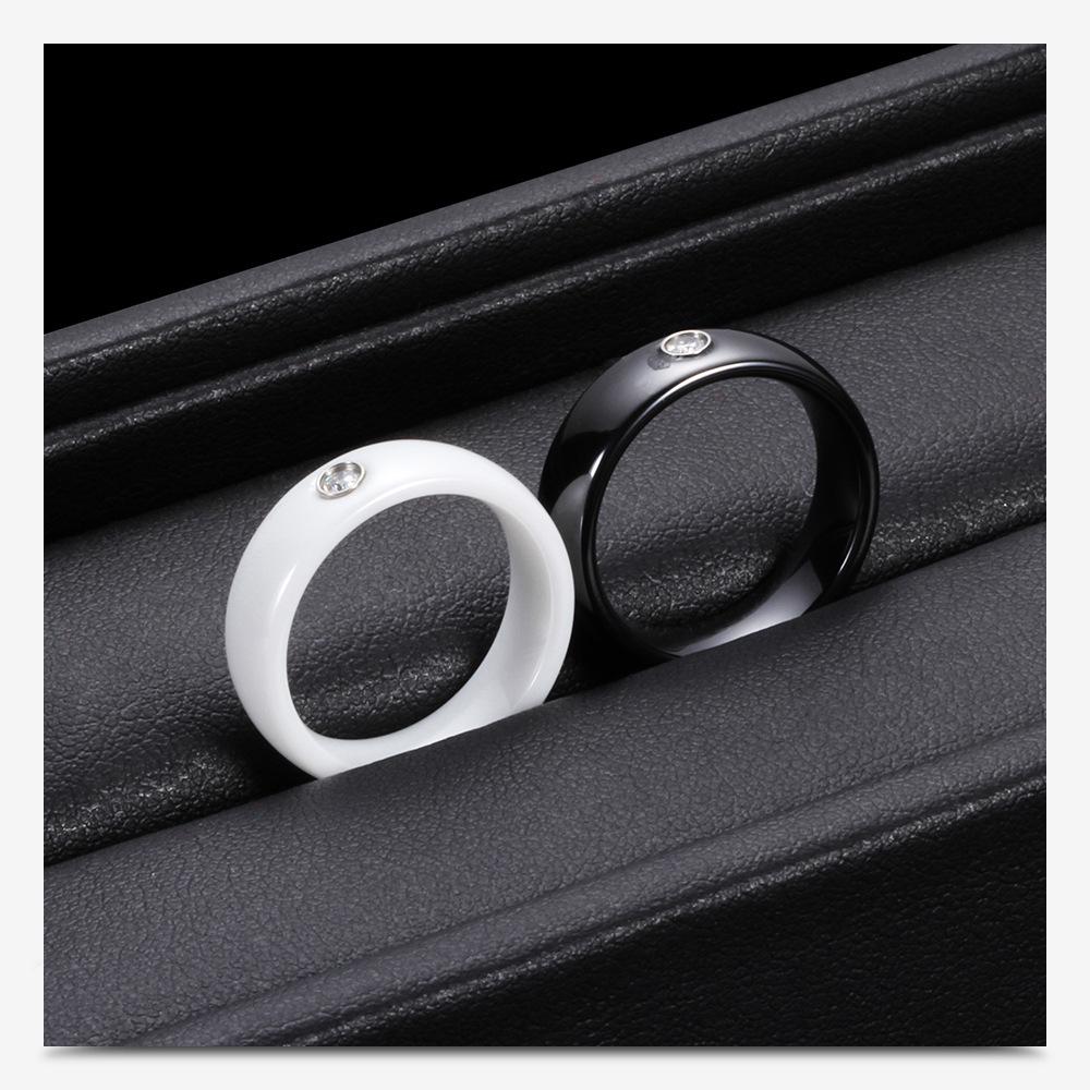 6MM Black & White Ceramic Single Diamond Ring - Trendy Couple's Fashion
