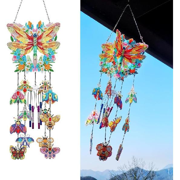 Generic DIY Dotted Diamond Art Painting Wind Chime Kit, Three-Dimensional Sun Catchers Diamonds Dot Paintings Hanging Ornaments, for Spring Garden