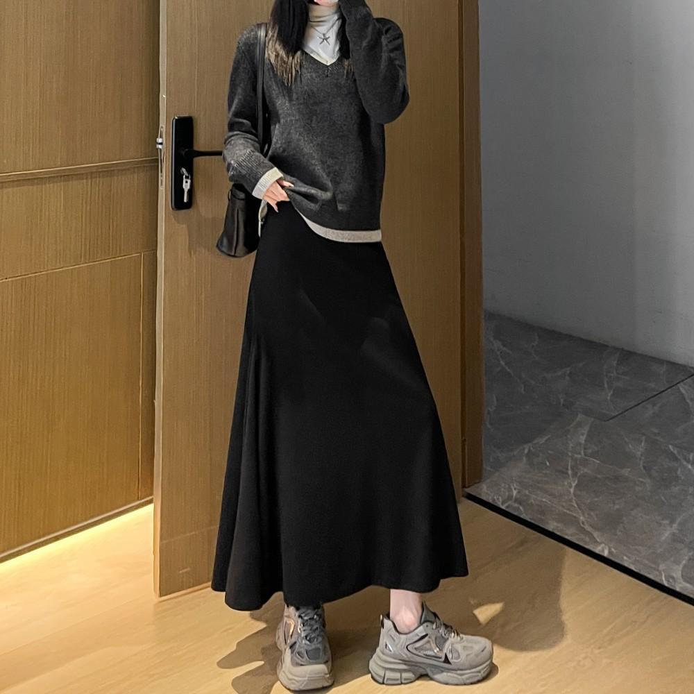 Lenistwo Styl Spódnica Syrenka Kobiety Jesień Zima Wszechstronna Wysoki Stan Wyszczuplająca Drapowana A-Linia Bodycon Midi