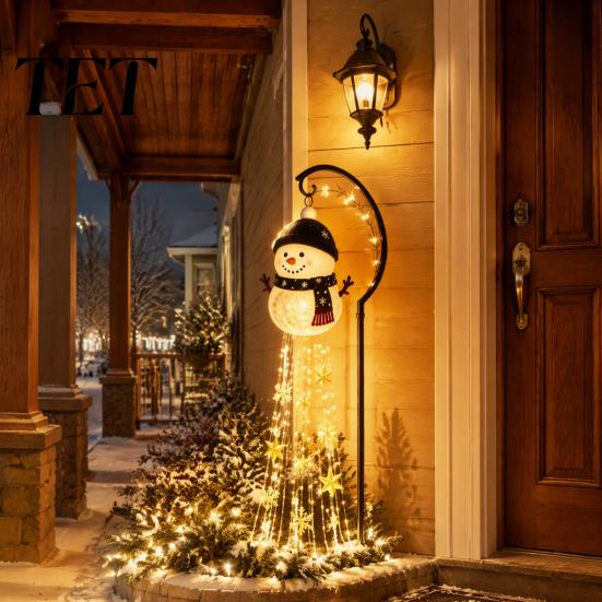 Wasserdichte LED-Rasenornamente Solar-Schneemann Gartenspießleuchte, Fließende Wasserfall-Lichterkette mit Außenhofdekorationen Stern Schneeflocke, Dekoration für
