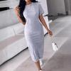 2024 Summer Women's Solid Color Short Sleeve Round Neck Slit Hem Dress