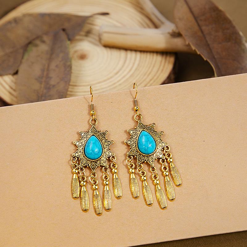 Bohemian Turquoise Tassel Earrings: Retro Ethnic Style with Geometric Gemstone Design