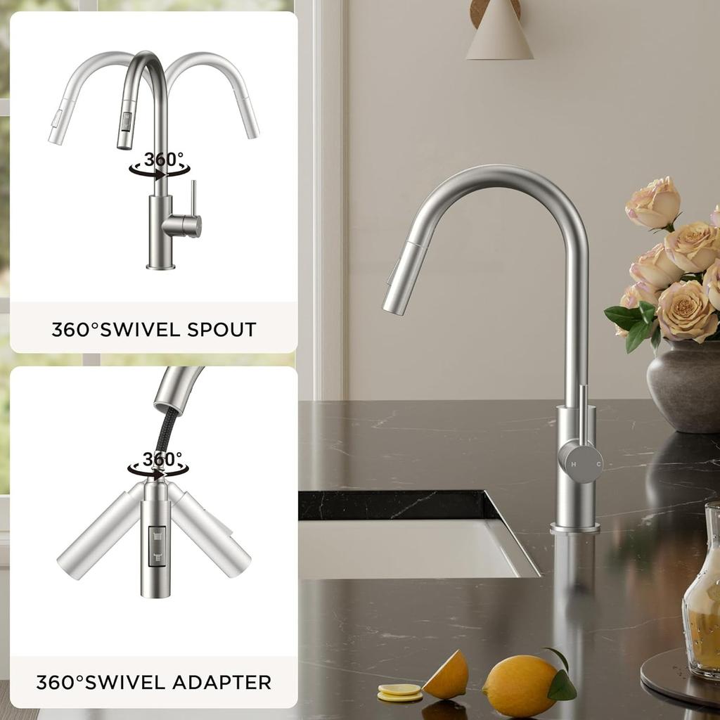 Brushed Nickel Kitchen Faucet with Pull Down Sprayer, Stainless Steel High Arc Gooseneck Modern Sink Faucet with Ceramic Cartridge, Single Handle