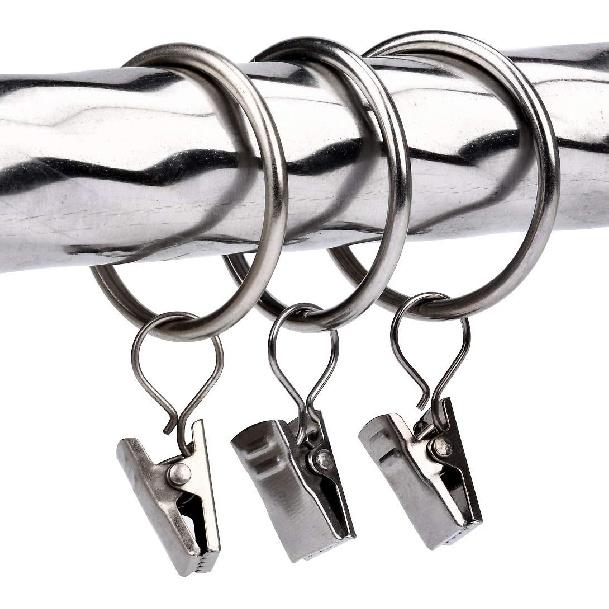 Curtain Rings with Clip - Set of 28,Interior Diameter 1.26",Fits for 1-Inch Metal Rod - Satin Nickel