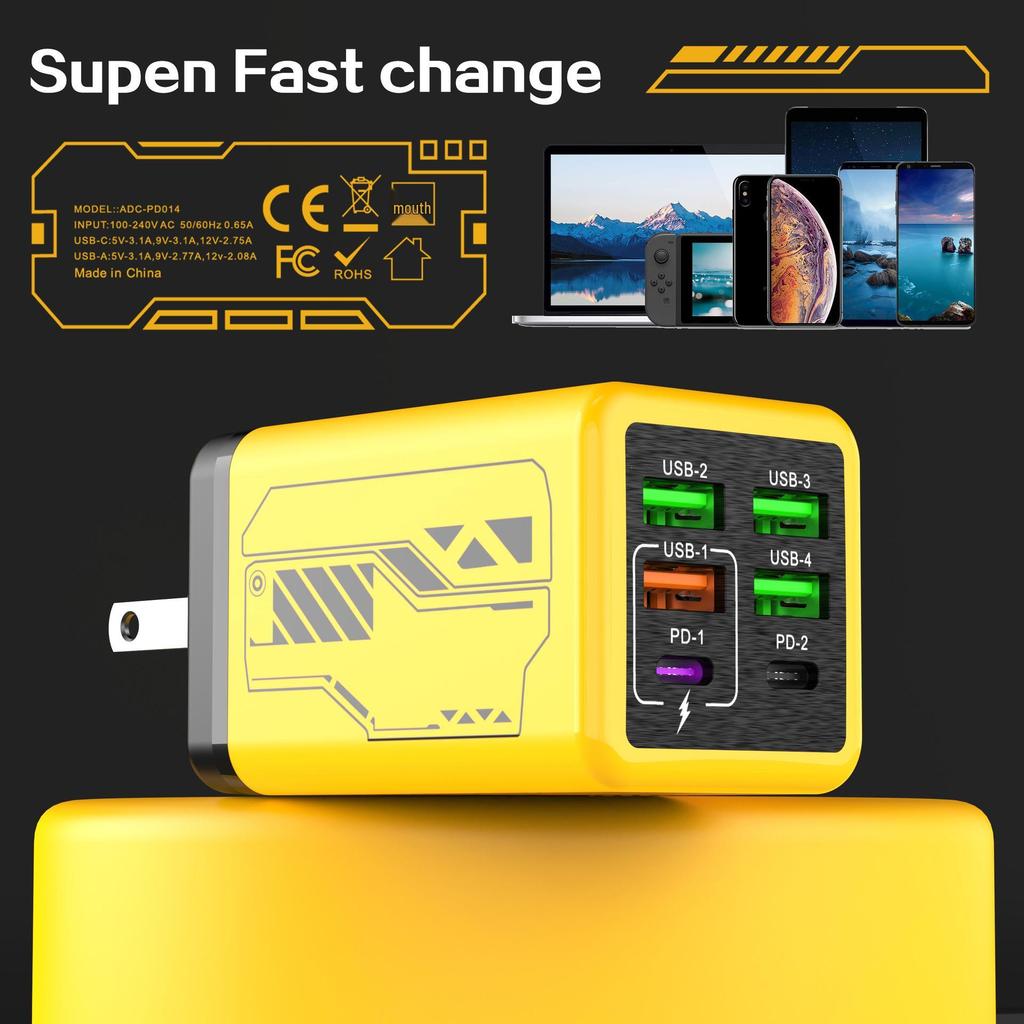 Mecha Style PD240W Fast Charger: 4-USB & 2-Type-C Ports, Compatible with Apple & Huawei Devices