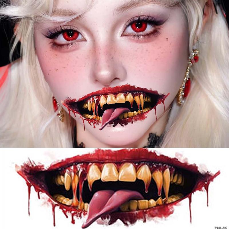 Halloween Horror Big Mouth Tattoo Sticker Waterproof Lasting Realistic Horror and Funny Temporary Tattoo Stickers 1/10PCS Random