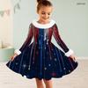Girls Furry High Neck Long Sleeve Bow Waist Printed Red Blue White Star A Line Flared Dress