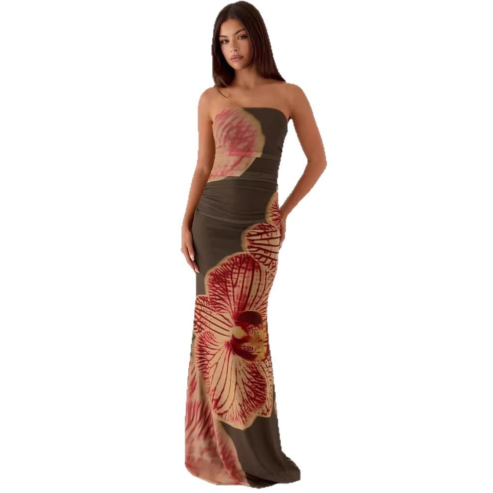 1011 summer new European and American printed tube top printed long dress pleated mesh dress