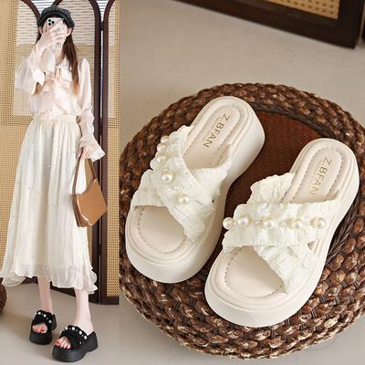 Women's Heightening New One-word Sandals Thick-bottomed Outer Wear Skirt French Elegant Outer Wear Pearl Slippers 2025 Summer