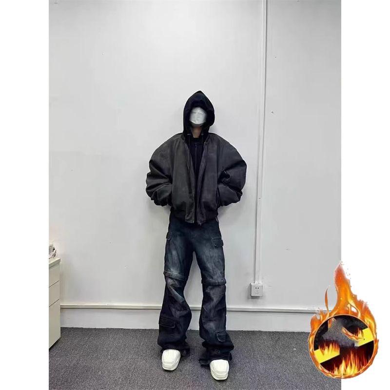 Y2k Oversized Vintage Μαύρο Δερμάτινο Σακάκι από Ψηλό Δέρμα Ανδρικό Φερμουάρ Ψεύτικο 2 Τεμαχίων Πολυτελή Ρούχα Σχεδιαστή Μπλούζα με Κουκούλα
