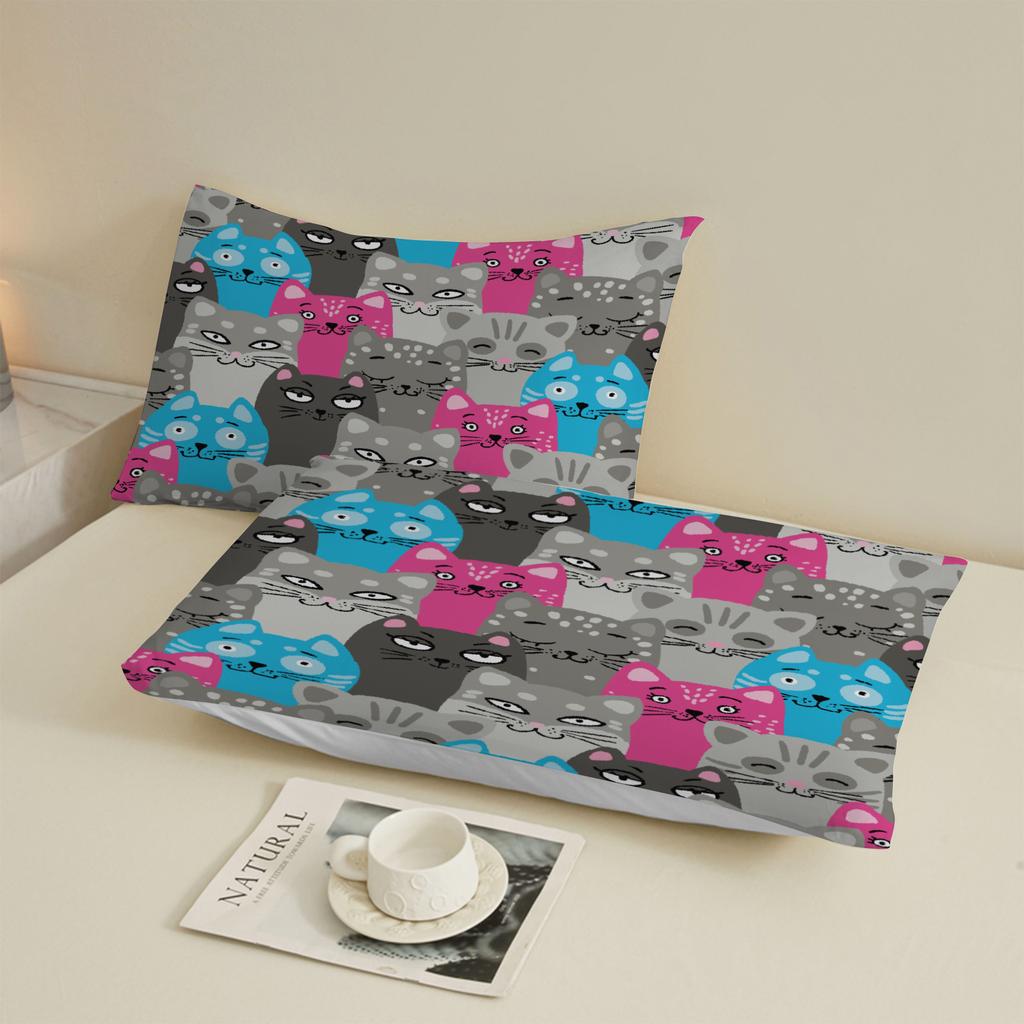 3pcs Colorful Cats Fitted Sheet Cartoon Cat Pattern 3D Print Gifts For Students Girls 100% Polyester Flat Sheet With Pillowcases