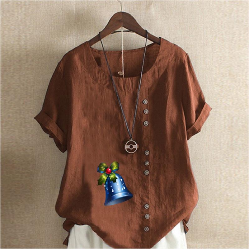 Women's Fashion Small Bell Prined Round Neck Short Sleeve T-shirt Casual Cotton Linen Graphic Shirt Leisure Loose Summer Blouse Tops