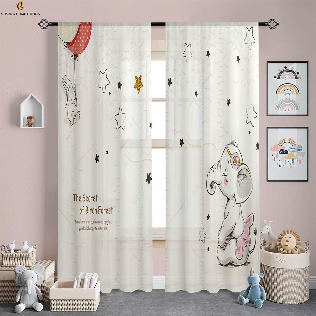 Window Curtains Cute Cartoon Elephant Print Curtains Machine Washable Bedroom Living Room Study Children'S Room Curtains 2 Pcs