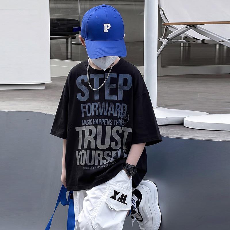 Trendy Boys Summer Letter Print Korean Style Short Sleeve Loose T-Shirt 170 cm