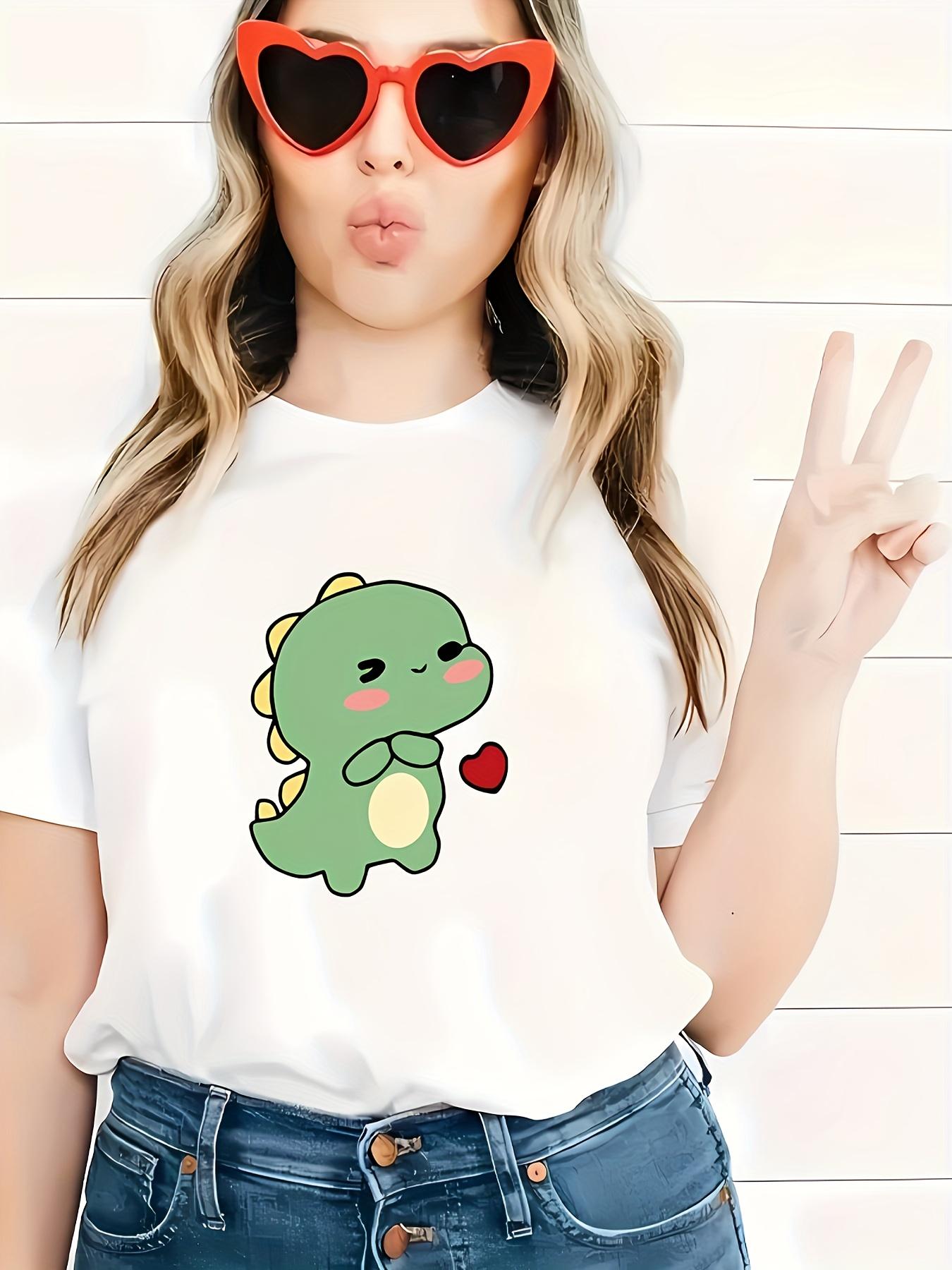 

Cute Dinosaur Pattern Casual T-shirt Round Neck Short Sleeve Comfortable Top Women s Versatile T-shirt S