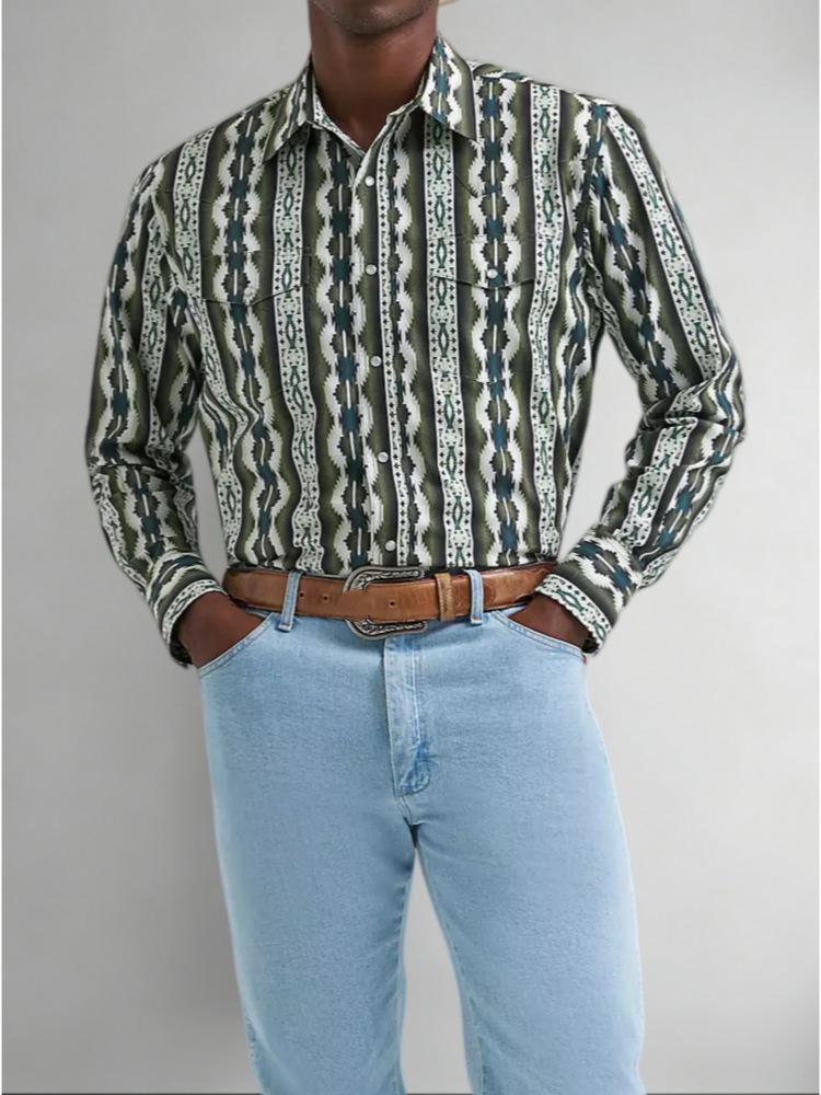 European and American spring and summer men s business long-sleeved shirt casual lapel striped printed shirt cardigan top men s clothing S