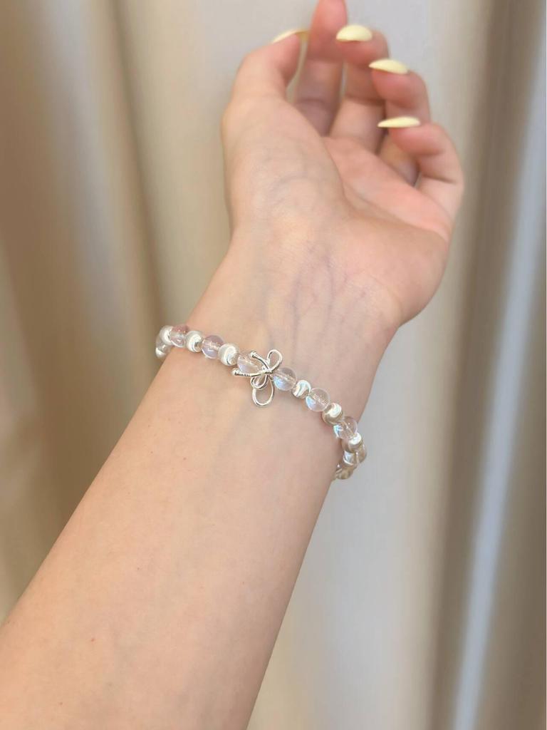 Elegant Women's S925 Sterling Silver Cat's Eye Bow Bracelet with White Crystal Spacer